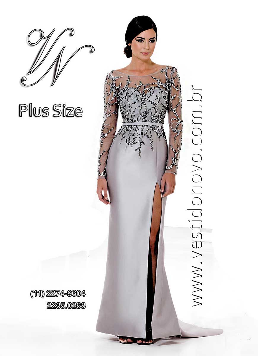 vestido para bodas de prata, plus size, com manga comprida, brilho e pedraria
